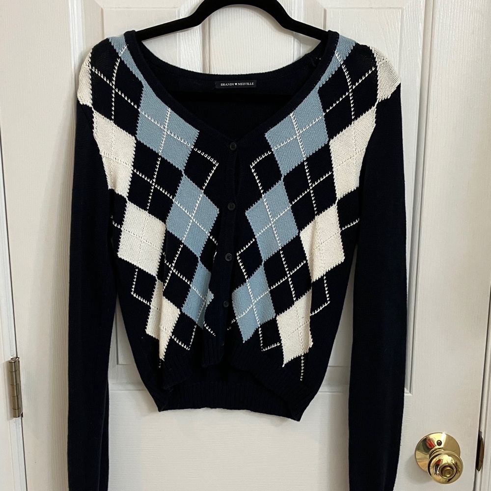 Brandy Melville Navy Blue Argyle Cropped V-neck sweater